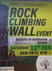 Rock Climbing Wall Event. 11th Feb 2023. 9am to 4pm. Mooloolah Rec Ground.